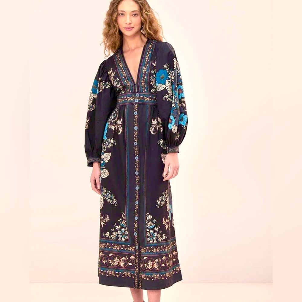 Farm Rio NEW Blossom Tapestry Black Midi Dress - Picture 10 of 15